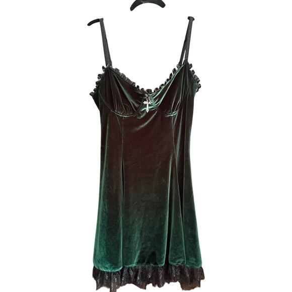 WIDOW | Dolls Kill Emerald Green Velvet Lace Trim Mini Dress With Cross | XL - Picture 1 of 7